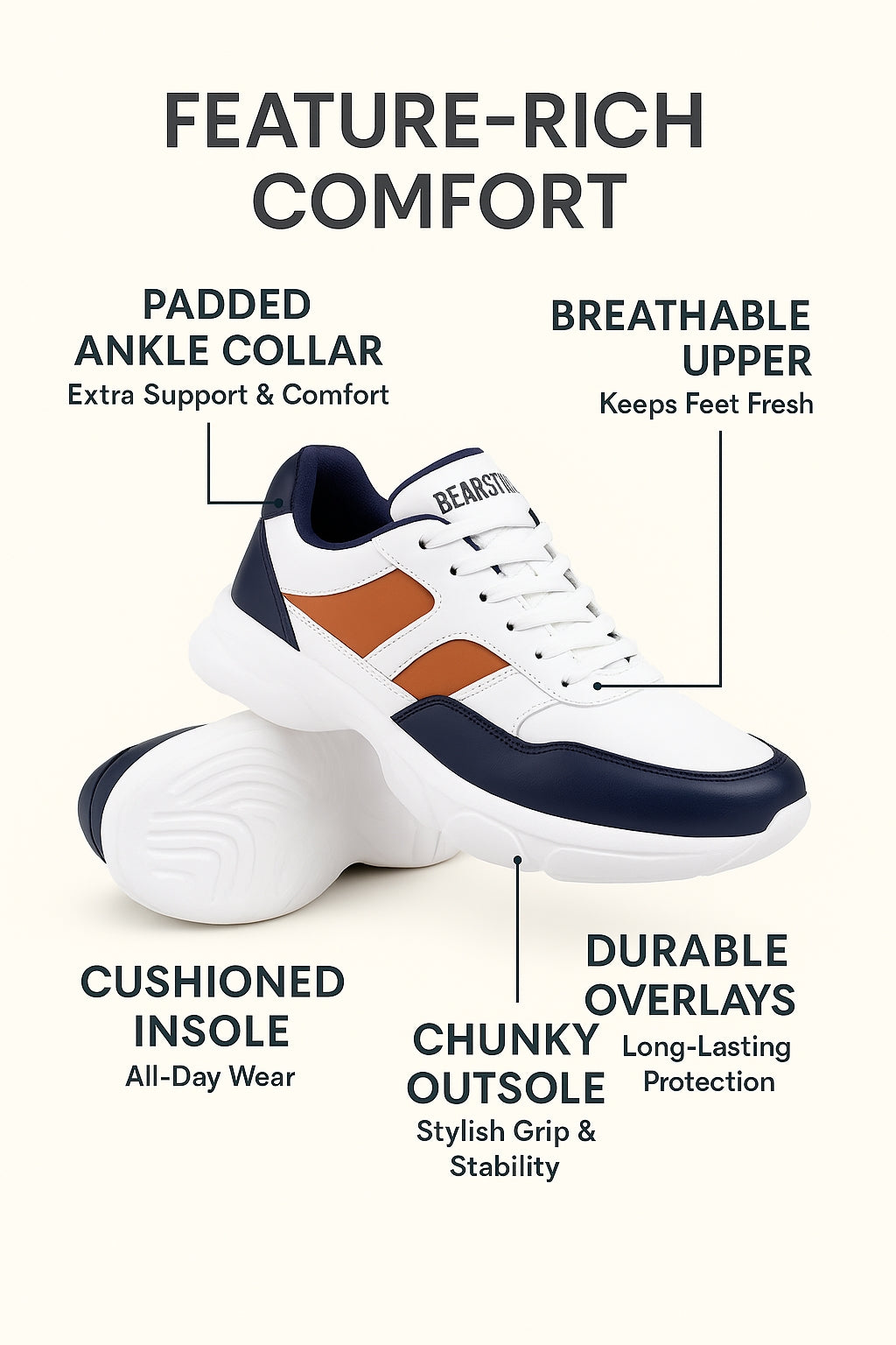 Bearstride Men’s Chunky Sneakers – Bold, Lightweight & Comfortable Shoes | Stylish Casual & Gym Wear | Durable Running & Walking Shoes