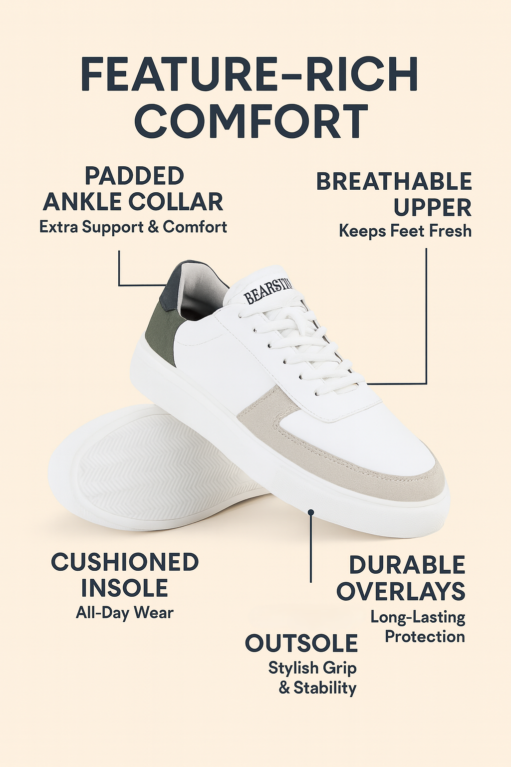 Bearstride Urban Casual Sneakers – Men’s White Streetwear Shoes (White | Sand Beige | Olive, UK Footwear Size System, Adult, Men, Numeric, Medium)