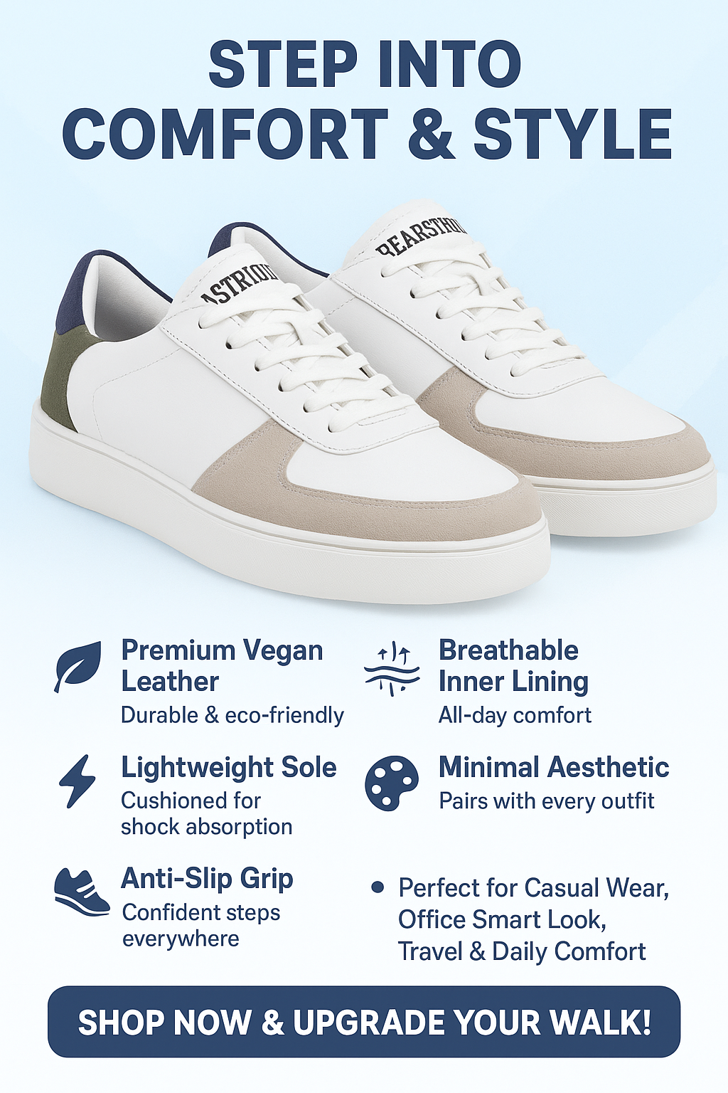 Bearstride Urban Casual Sneakers – Men’s White Streetwear Shoes (White | Sand Beige | Olive, UK Footwear Size System, Adult, Men, Numeric, Medium)