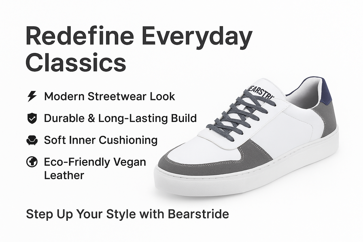 Bearstride Urban Casual Sneakers – Men’s White Streetwear Shoes (White | Steel Grey | Navy Blue, UK Footwear Size System, Adult, Men, Numeric, Medium)
