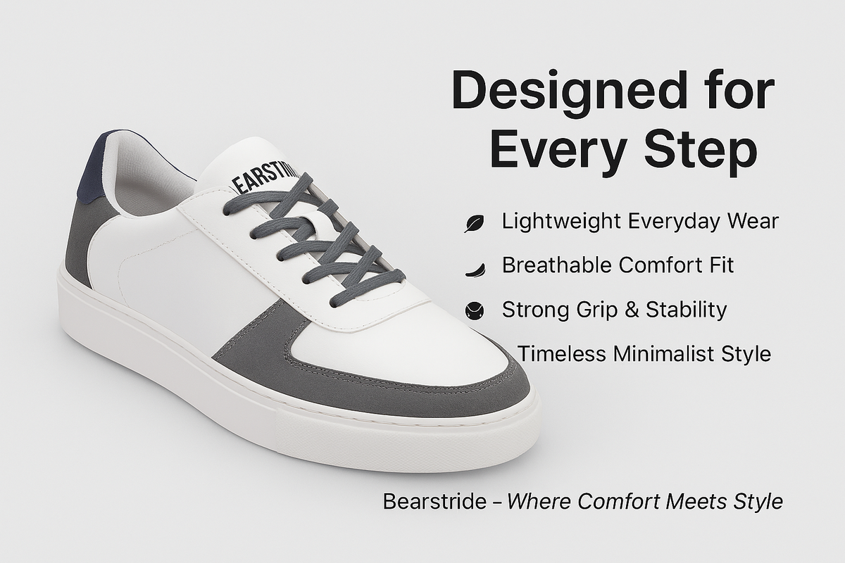 Bearstride Urban Casual Sneakers – Men’s White Streetwear Shoes (White | Steel Grey | Navy Blue, UK Footwear Size System, Adult, Men, Numeric, Medium)