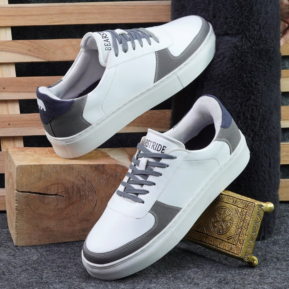 Bearstride Urban Casual Sneakers – Men’s White Streetwear Shoes (White | Steel Grey | Navy Blue, UK Footwear Size System, Adult, Men, Numeric, Medium)