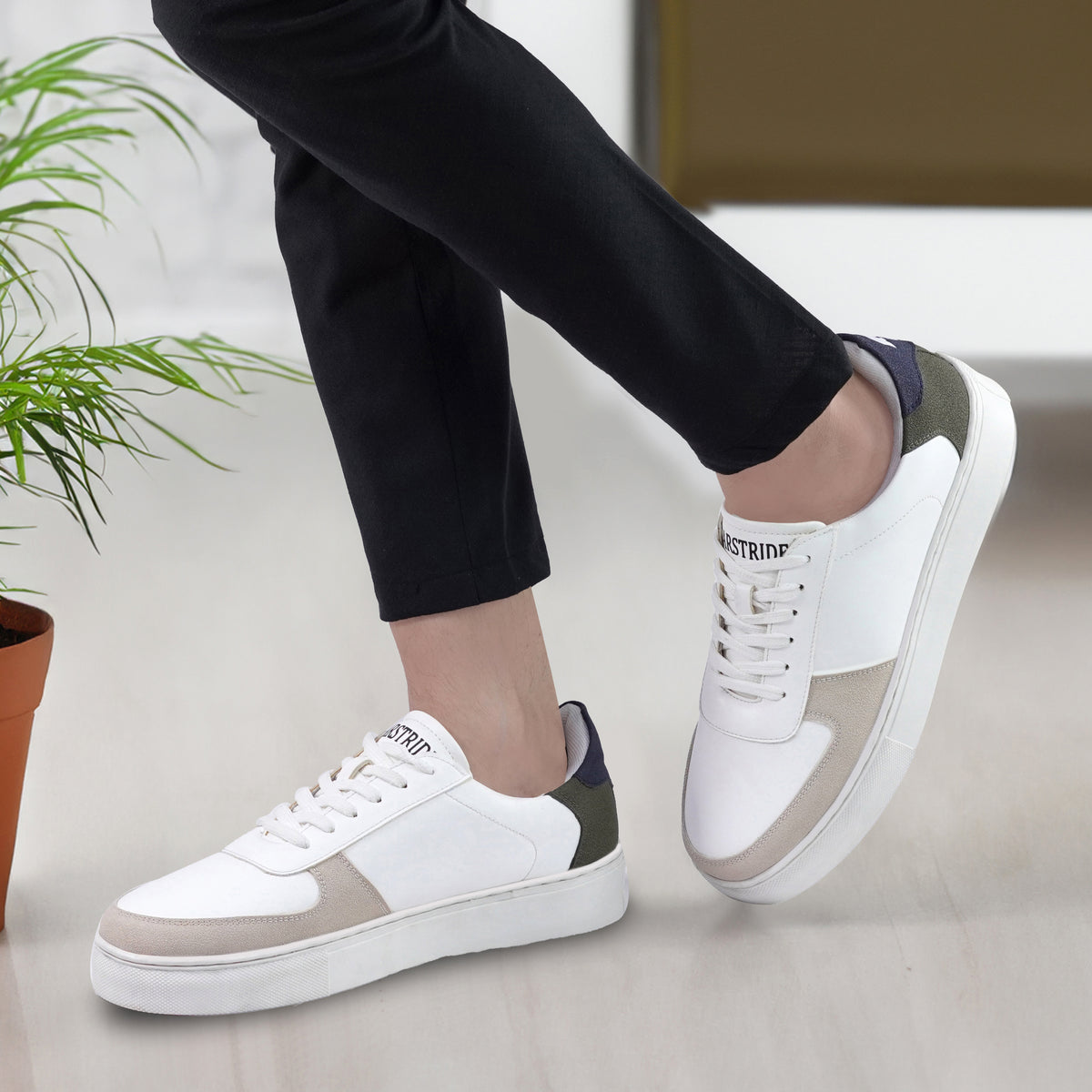 Bearstride Urban Casual Sneakers – Men’s White Streetwear Shoes (White | Sand Beige | Olive, UK Footwear Size System, Adult, Men, Numeric, Medium)