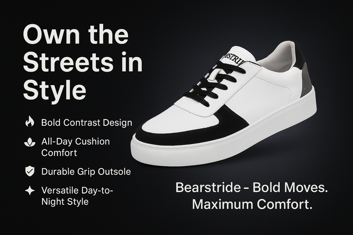 Bearstride Urban Casual Sneakers – Men’s White Streetwear Shoes (White | Jet Black | Charcoal, UK Footwear Size System, Adult, Men, Numeric, Medium)